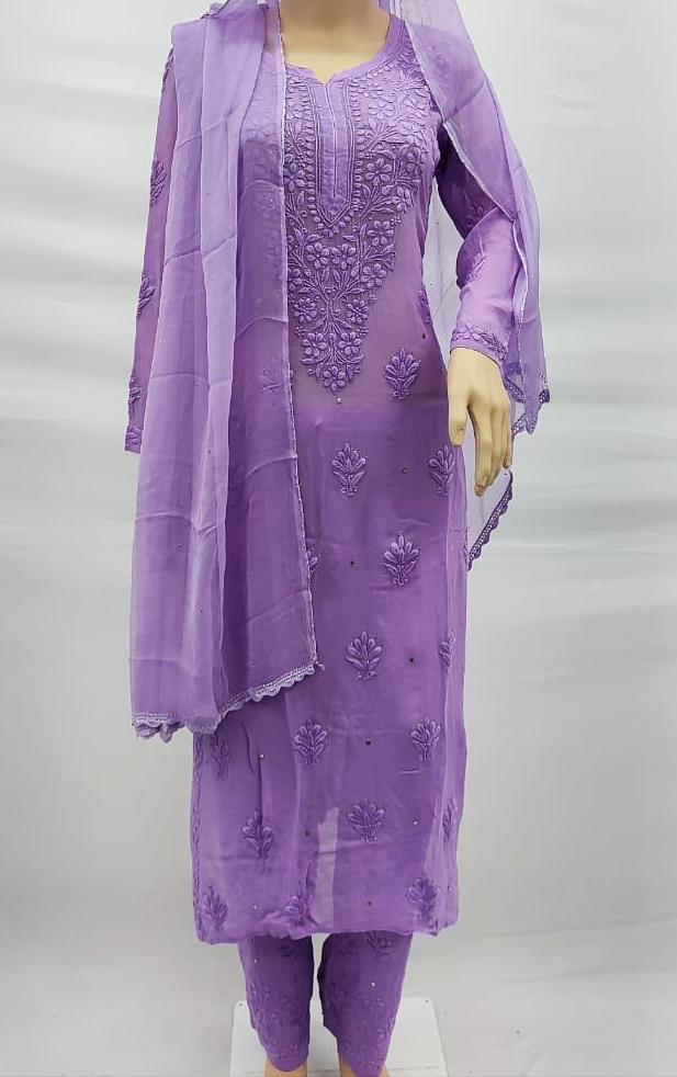 Dusky Purple Royalty – Handcrafted Chikankari & Mukaish Ready-to-Wear Luxe Set in Soft Viscose Georgette