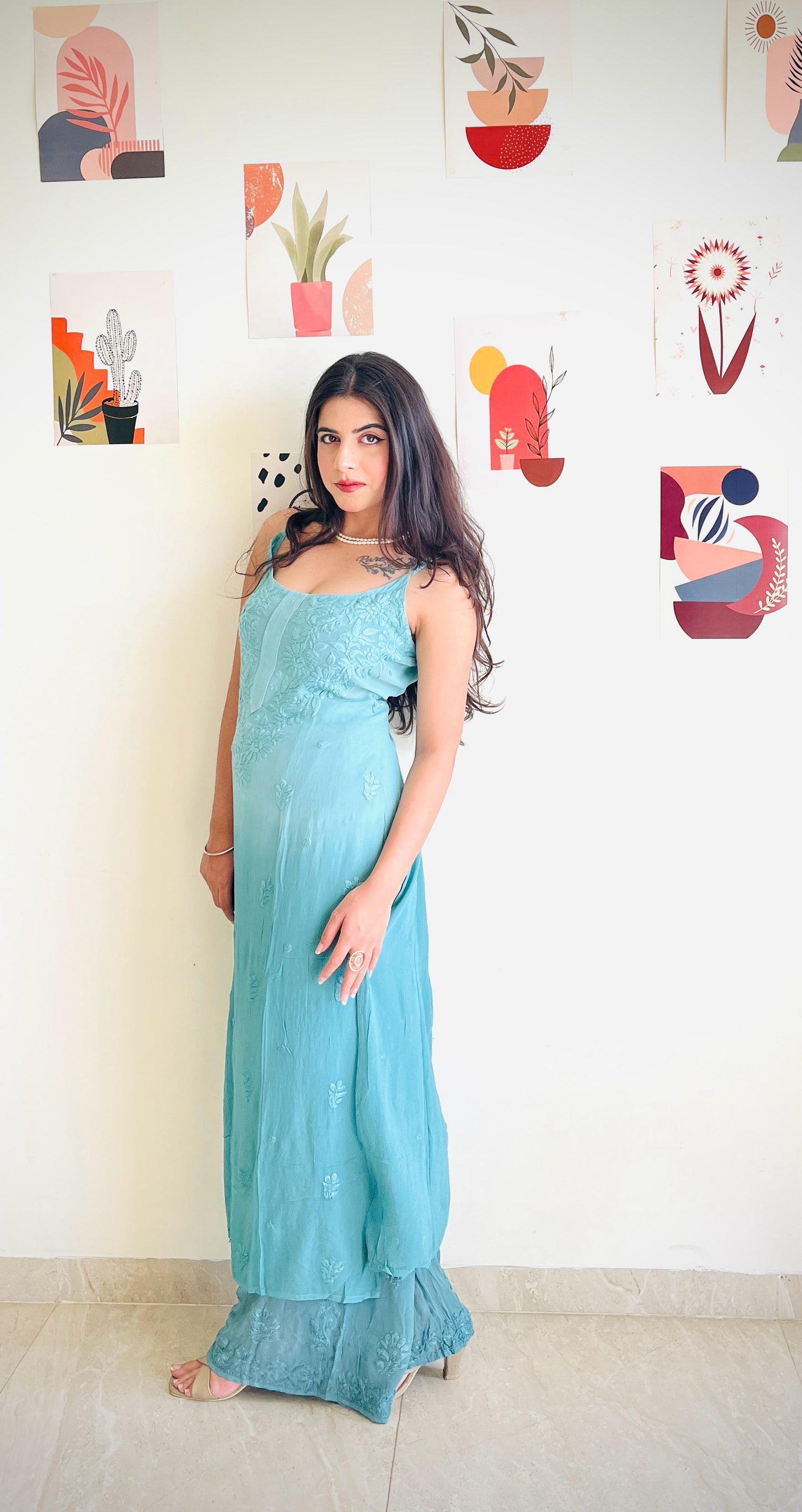 Serene Teal Symphony – Ready-to-Wear Viscose Kurti & Plazo Set with Chiffon Dupatta