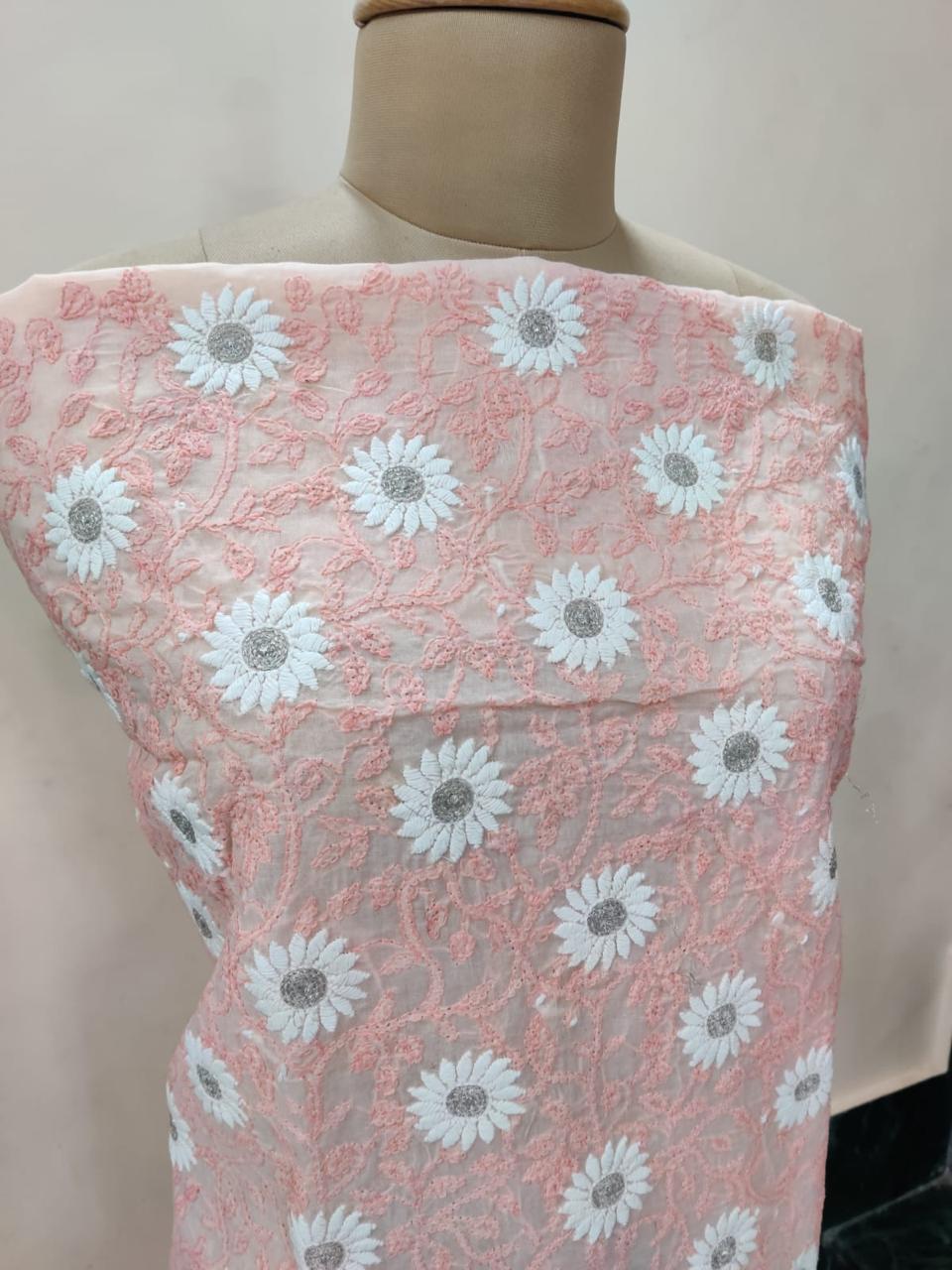 Dewdrop Flowers in Pink – Cotton Unstitched Kurta Piece with Elegant White Floral Embroidery