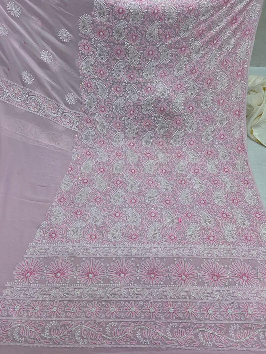 Rosy Veil in Baby Pink Shade – Pure Georgette Kurta Dupatta Set with Vintage Floral Jaal & Multi-Coloured Cutdana