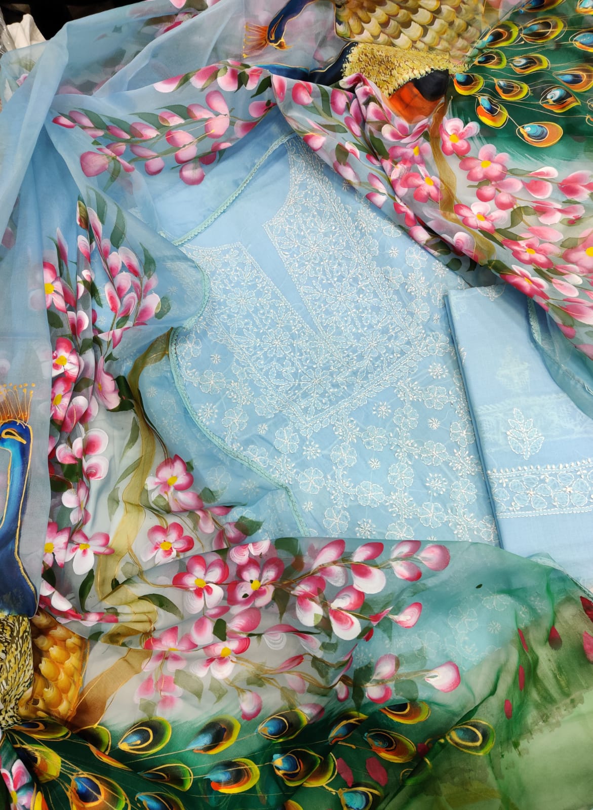 Peacock Grace – Handpainted Chikankari Cotton Unstitched Suit Set