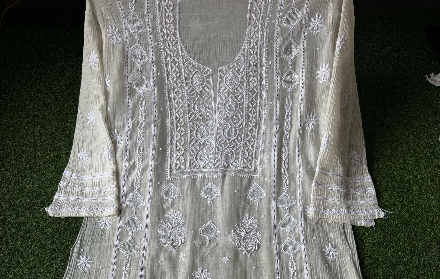 Cutdana and Pearl Embroidered Kurta Dupatta Set in Semi-Stitched Pure Mul Chanderi