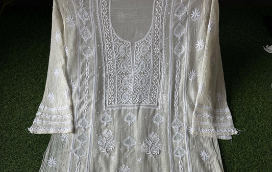 Cutdana and Pearl Embroidered Kurta Dupatta Set in Semi-Stitched Pure Mul Chanderi