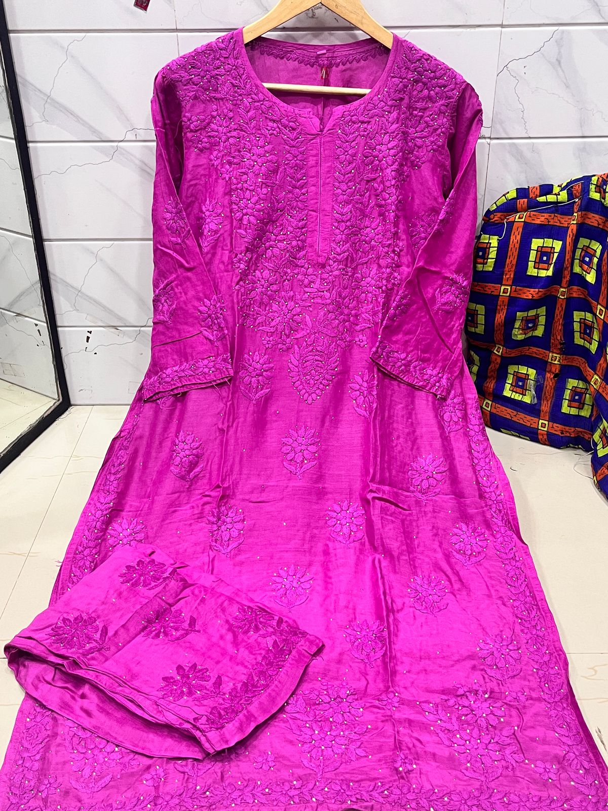Cotton Candy Pink Muslin Kurta & Pant Set with Elegant Mukaish Highlights