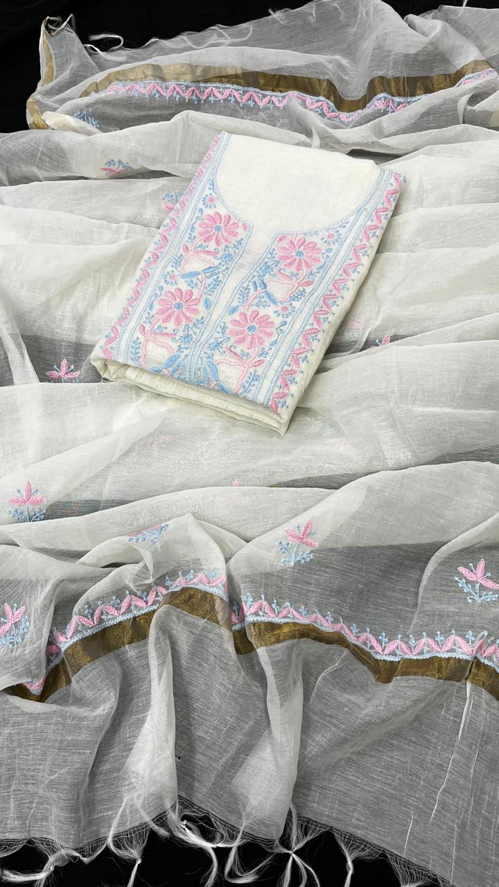 Feather White Mul Chanderi Kurta & Dupatta Set in Handcrafted Rose Milk and Powdered Frost Tints