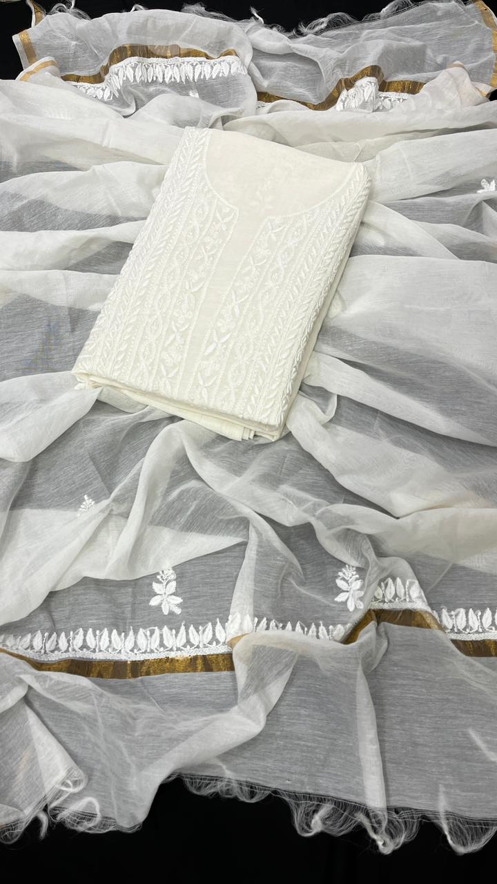 White-on-White Mul Chanderi Kurta Dupatta Set with Delicate Chikankari Accents