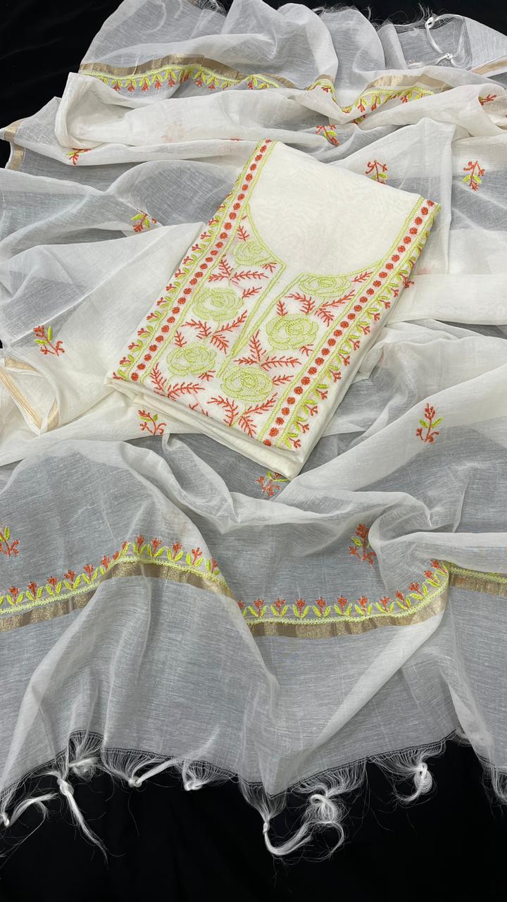 Snowbloom Mul Chanderi Ensemble with Green Rose Neck Embroidery and Red Leaf Accents