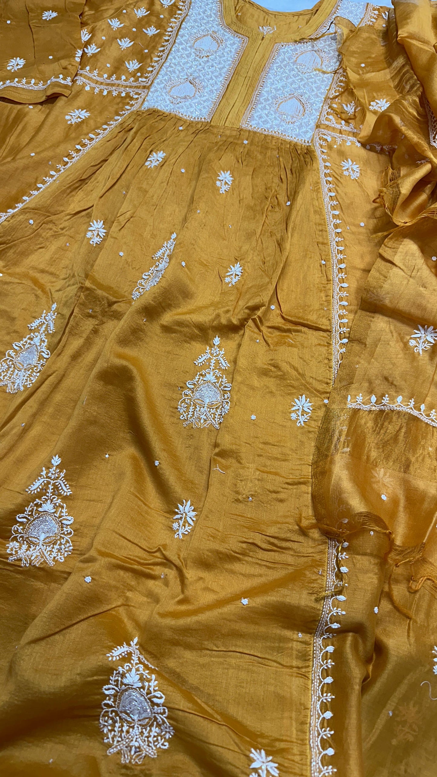 Mustard Royale – Chanderi Gown & Dupatta Set with Handcrafted Pearl, Cutdana & Pitta Embellishments