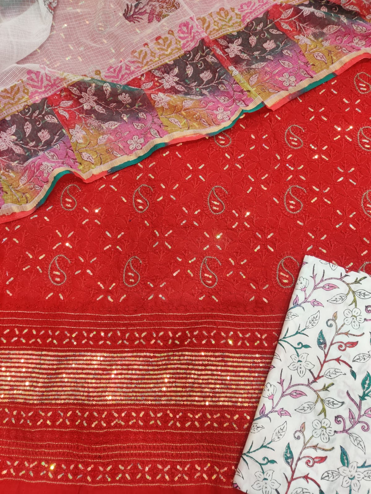 Red Velvet Reverie: Pure Cotton Suit Set with Exquisite Chikankari and Sequin Detailing