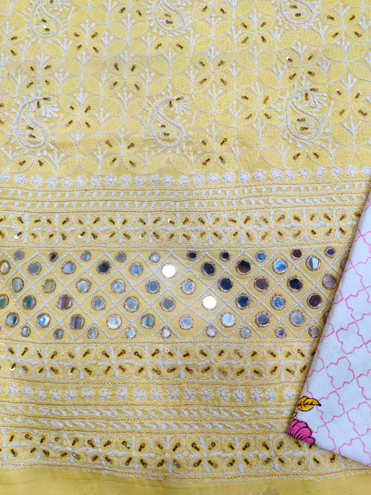 Pure Cotton Creamy Yellow Suit with White Thread Work, Real Mirror & Sequin Detailing