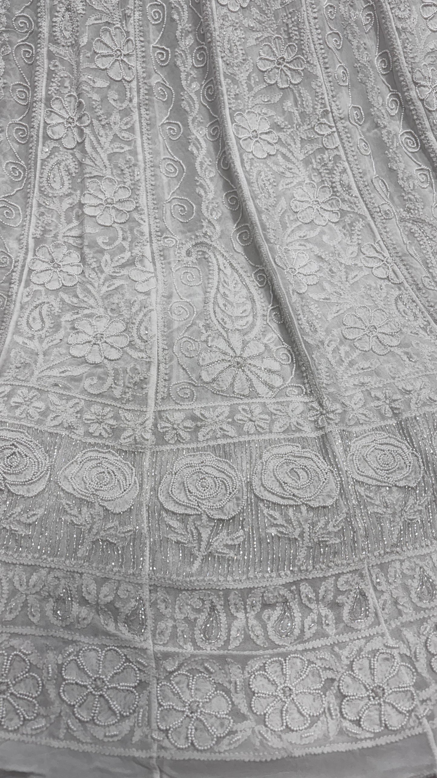 Ivory-Toned Viscose Georgette Anarkali-Dupatta Set with Delicate Pearl Cutdana & Chikankari Artistry