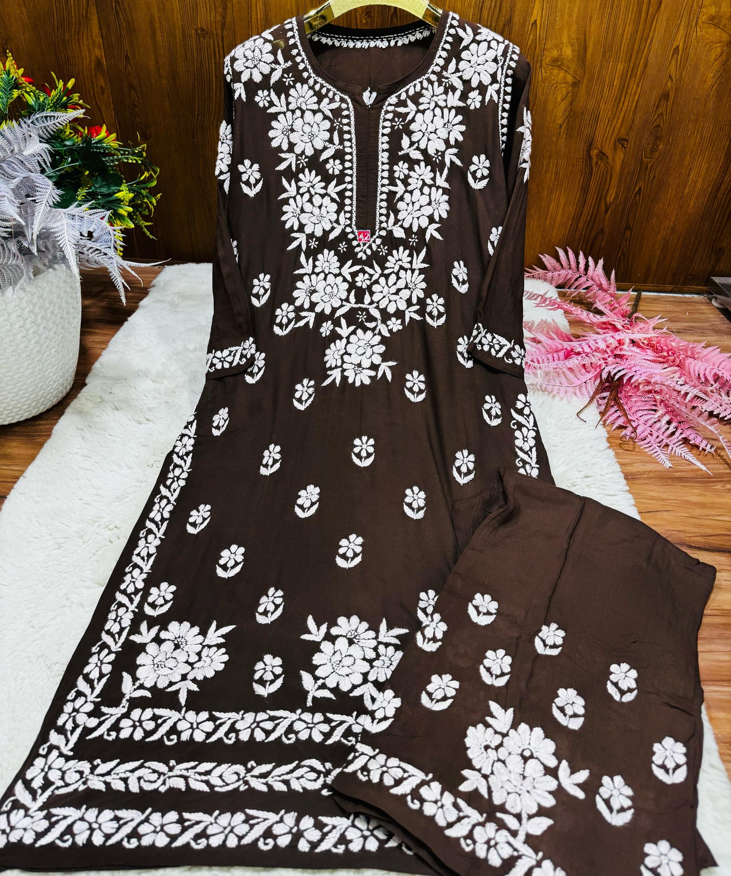 Deep Cocoa – Artisanal Deep Cocoa Palazzo Set in Premium Modal with Heirloom White Chikankari