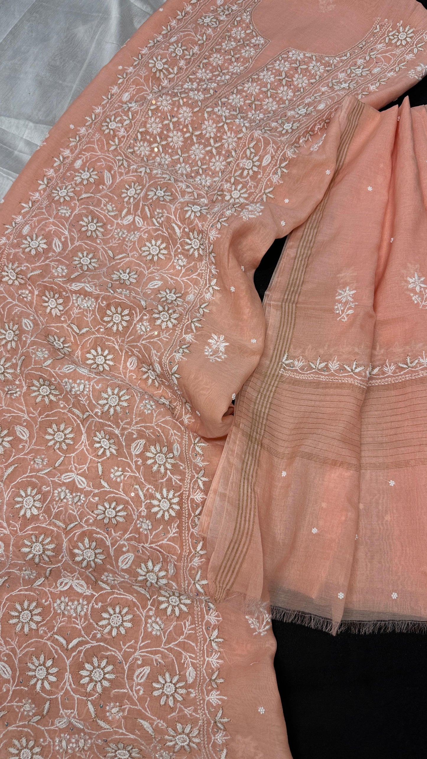 Muted Salmon with White Threads – Artisanal Mul Chanderi Silk Set with Lucknowi Chikankari, Adda, Cutdana, Teeki, Pearl & Pitta Work