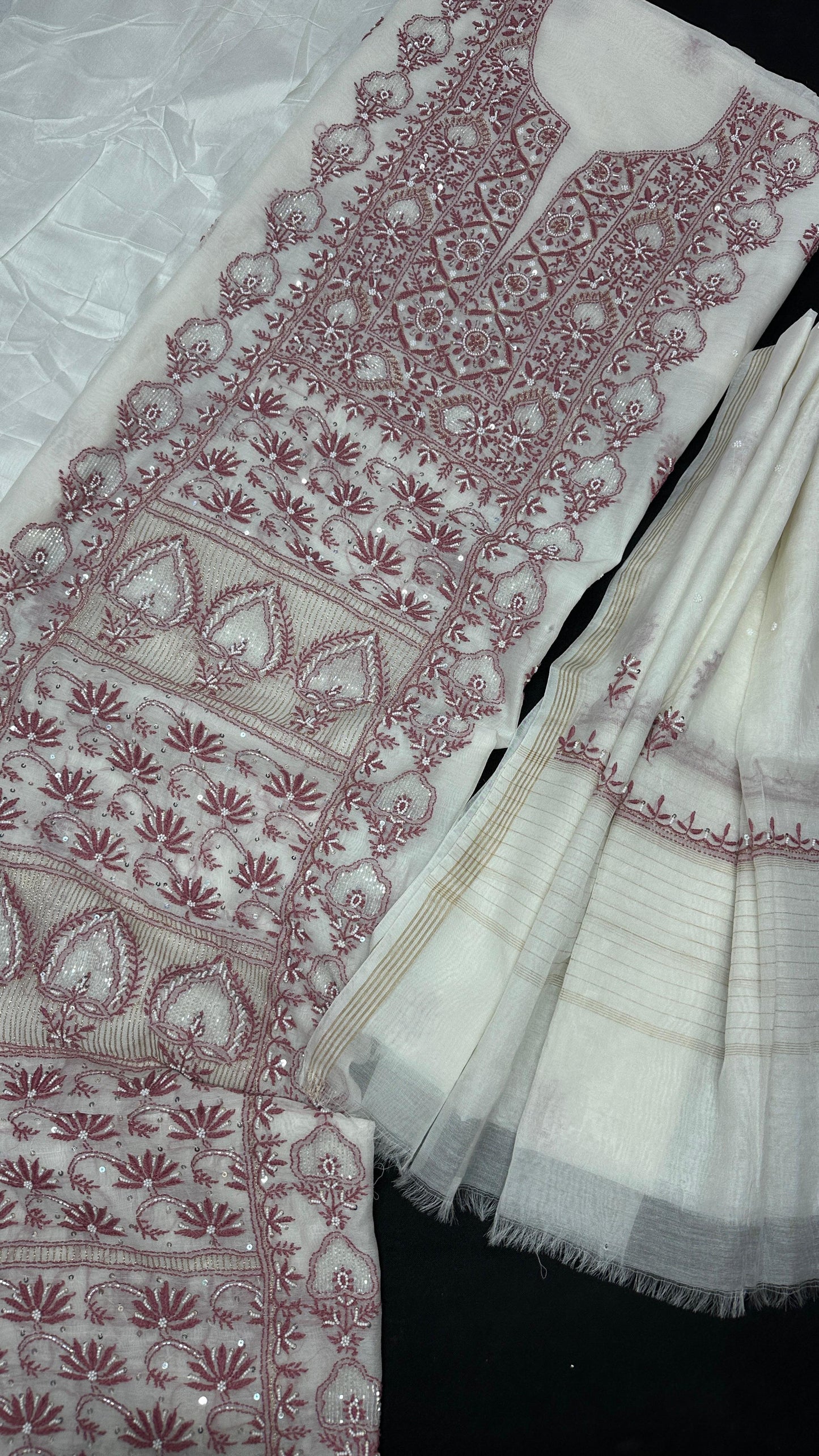 Plum Cocoa Dusk Threads on White – Artisanal Mul Chanderi Silk Set with Chikankari, Adda, Cutdana, Teeki, Pearl & Pitta Work