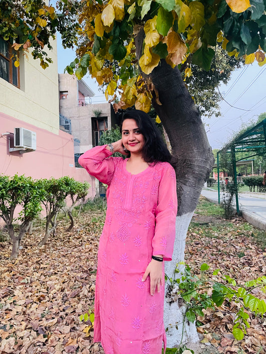 Gajri Pink Muslin Kurti Featuring Fine Chikankari and Mukaish Touches