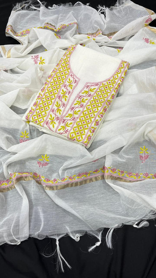 Soft White Mul Chanderi Kurta & Dupatta Set with Hand Embroidery