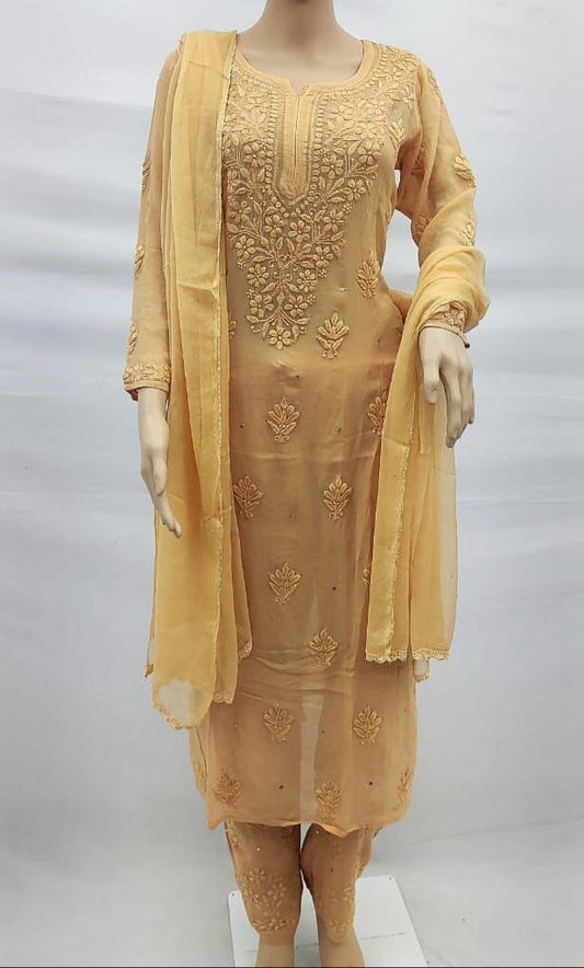 Golden Beige Classic – Ready-to-Wear Chikankari Set with Mukaish Work in Soft Viscose Georgette