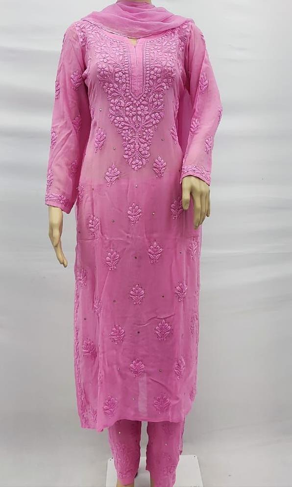 Dusty Pink Crowned Charm – Heritage Chikankari Ready-to-Wear Set with Mukaish Highlights in Soft Viscose Georgette