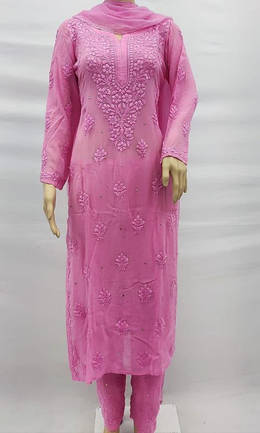 Dusty Pink Crowned Charm – Heritage Chikankari Ready-to-Wear Set with Mukaish Highlights in Soft Viscose Georgette