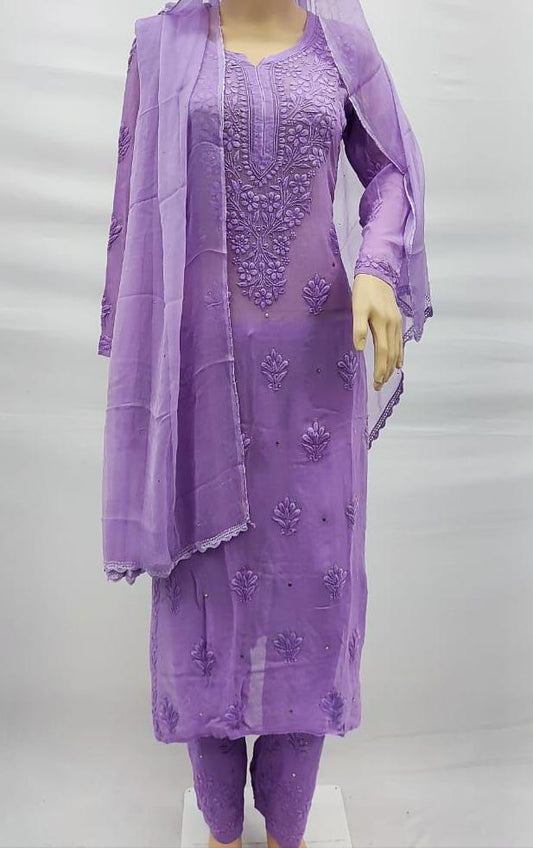 Dusky Purple Royalty – Handcrafted Chikankari & Mukaish Ready-to-Wear Luxe Set in Soft Viscose Georgette