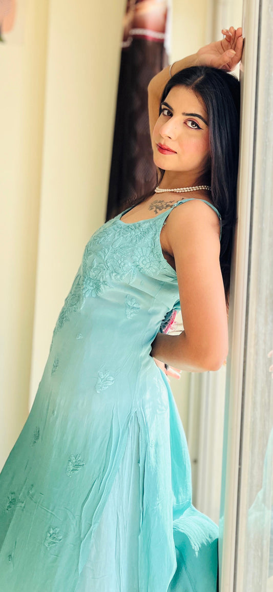 Serene Teal Symphony – Ready-to-Wear Viscose Kurti & Plazo Set with Chiffon Dupatta