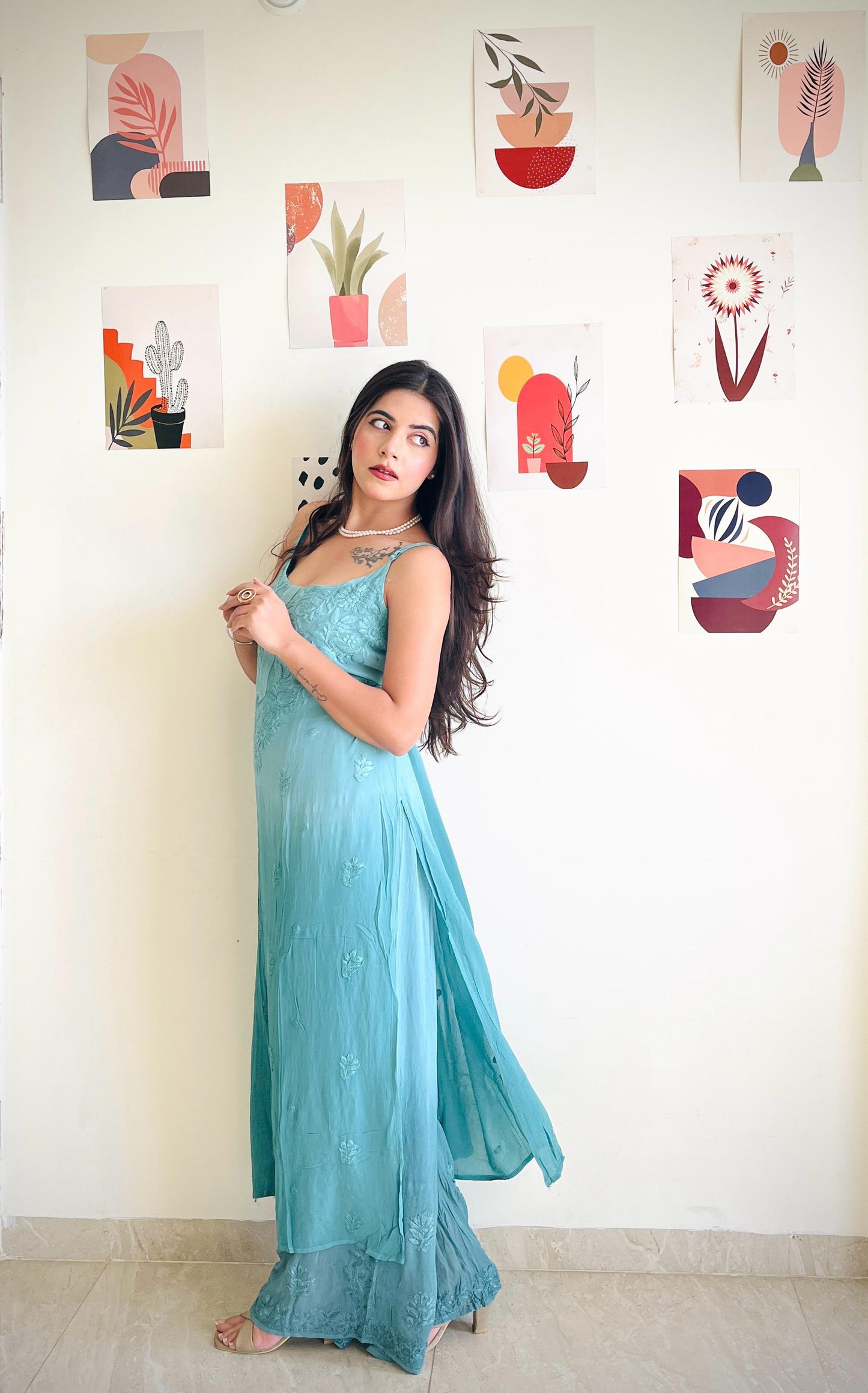 Serene Teal Symphony – Ready-to-Wear Viscose Kurti & Plazo Set with Chiffon Dupatta