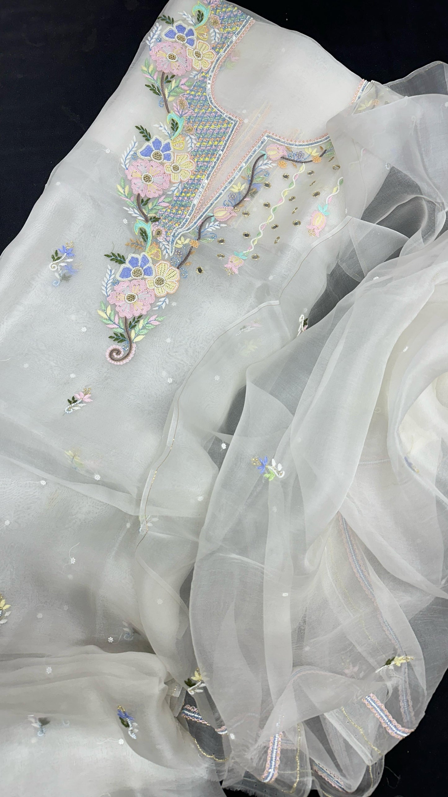 Pearl Garden – Dyable White Organza Silk Set with Multicolor Parsi Shadow & Floral Neck Embroidery