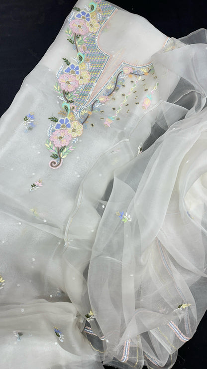 Pearl Garden – Dyable White Organza Silk Set with Multicolor Parsi Shadow & Floral Neck Embroidery