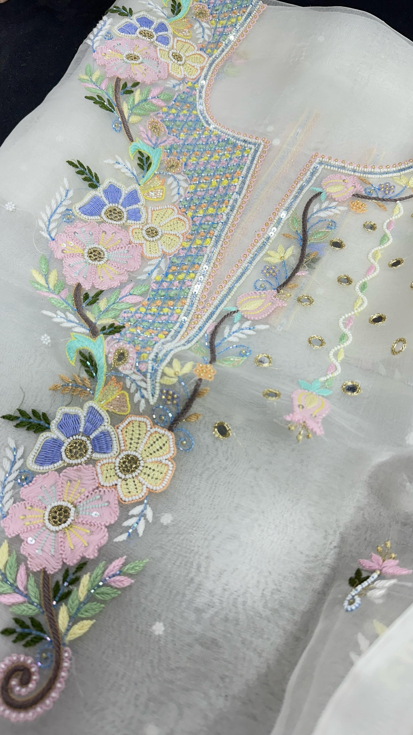 Pearl Garden – Dyable White Organza Silk Set with Multicolor Parsi Shadow & Floral Neck Embroidery