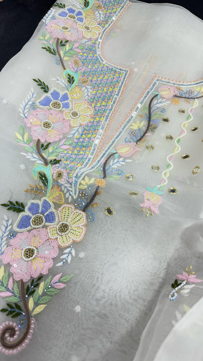Pearl Garden – Dyable White Organza Silk Set with Multicolor Parsi Shadow & Floral Neck Embroidery
