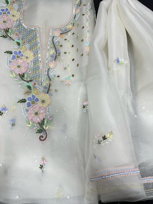 Pearl Garden – Dyable White Organza Silk Set with Multicolor Parsi Shadow & Floral Neck Embroidery