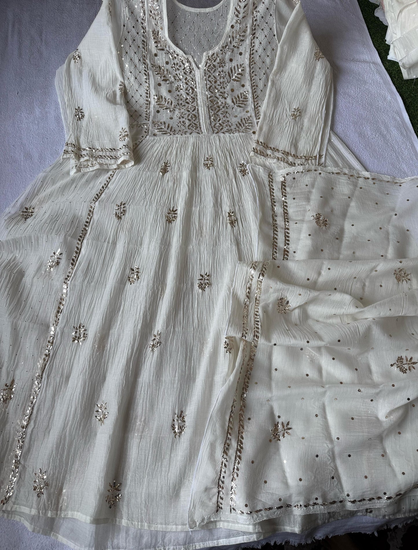 Mystic Leafwork – Semi-Stitched Mul Chanderi Gown & Dupatta in Ivory Pearl with Lustrous Mukaish Embellishments