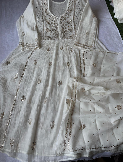 Mystic Leafwork – Semi-Stitched Mul Chanderi Gown & Dupatta in Ivory Pearl with Lustrous Mukaish Embellishments