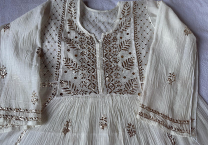 Mystic Leafwork – Semi-Stitched Mul Chanderi Gown & Dupatta in Ivory Pearl with Lustrous Mukaish Embellishments