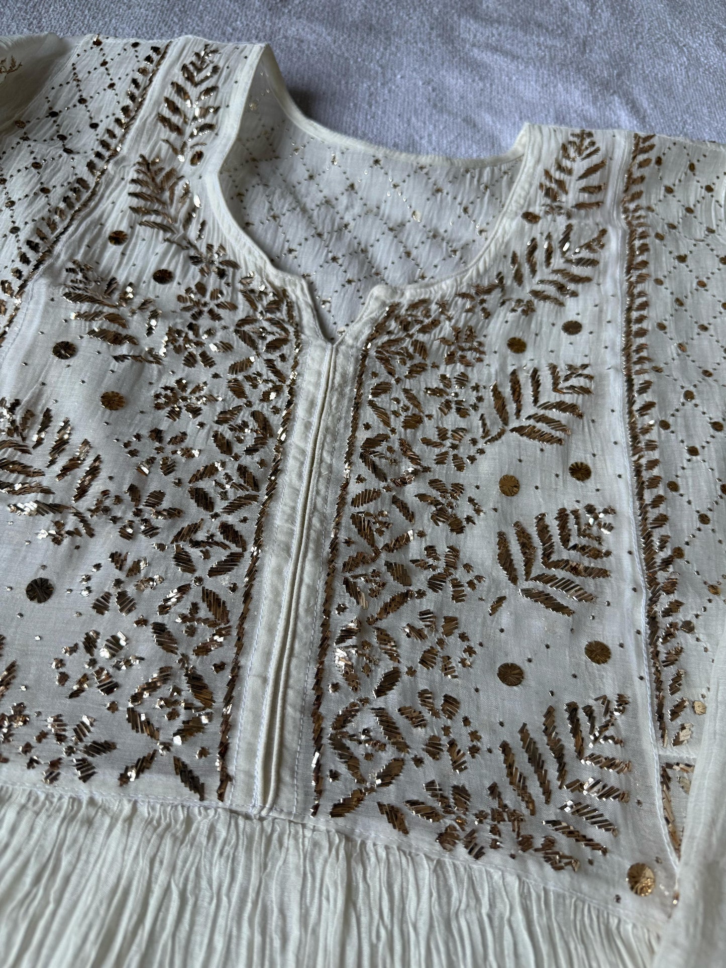 Mystic Leafwork – Semi-Stitched Mul Chanderi Gown & Dupatta in Ivory Pearl with Lustrous Mukaish Embellishments