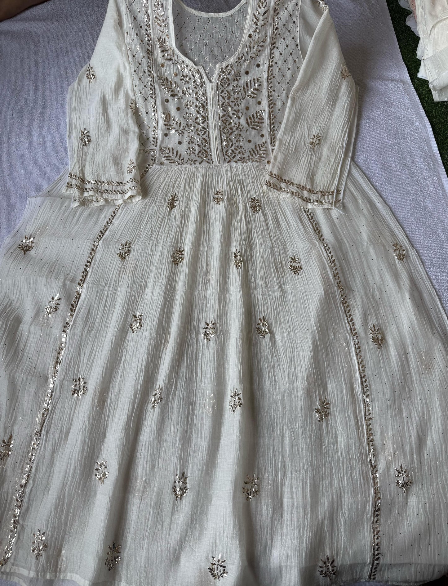 Mystic Leafwork – Semi-Stitched Mul Chanderi Gown & Dupatta in Ivory Pearl with Lustrous Mukaish Embellishments
