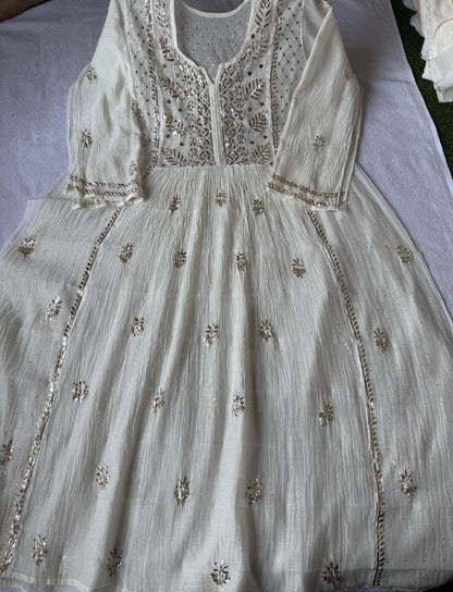 Mystic Leafwork – Semi-Stitched Mul Chanderi Gown & Dupatta in Ivory Pearl with Lustrous Mukaish Embellishments