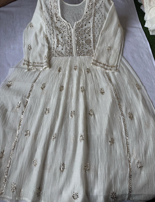 Mystic Leafwork – Semi-Stitched Mul Chanderi Gown & Dupatta in Ivory Pearl with Lustrous Mukaish Embellishments
