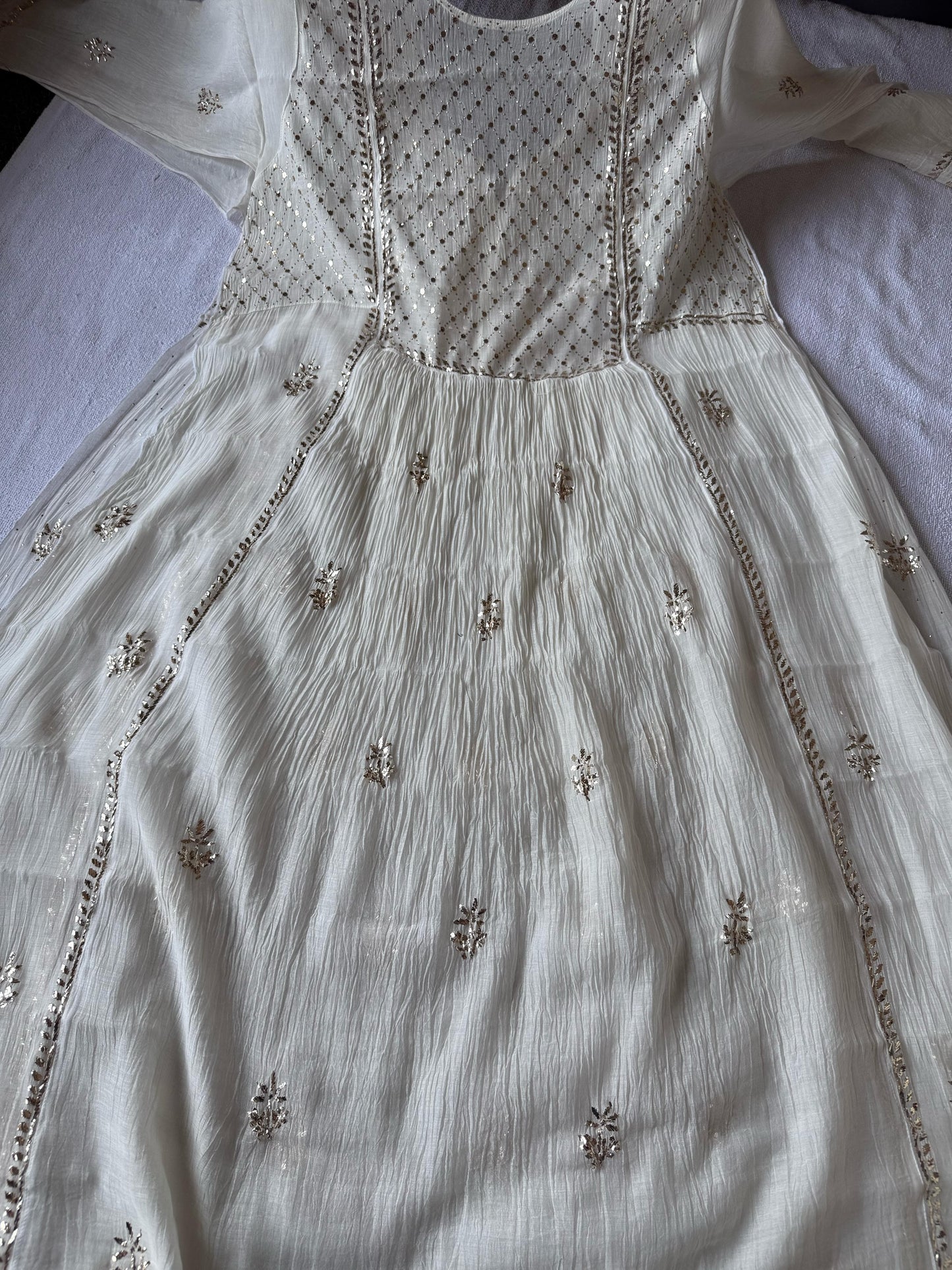 Mystic Leafwork – Semi-Stitched Mul Chanderi Gown & Dupatta in Ivory Pearl with Lustrous Mukaish Embellishments