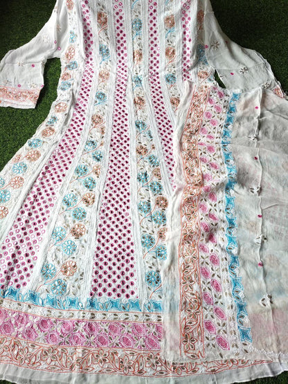 Luxury Viscose Georgette Anarkali Set with Hand Embroidered Chikankari, Multicolor Resham, Real Mirror, Baby Pearl & Kasab Detailing