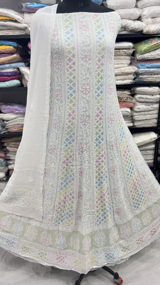Designer Multicolor Cutdana Anarkali with Traditional Chikankari Motifs
