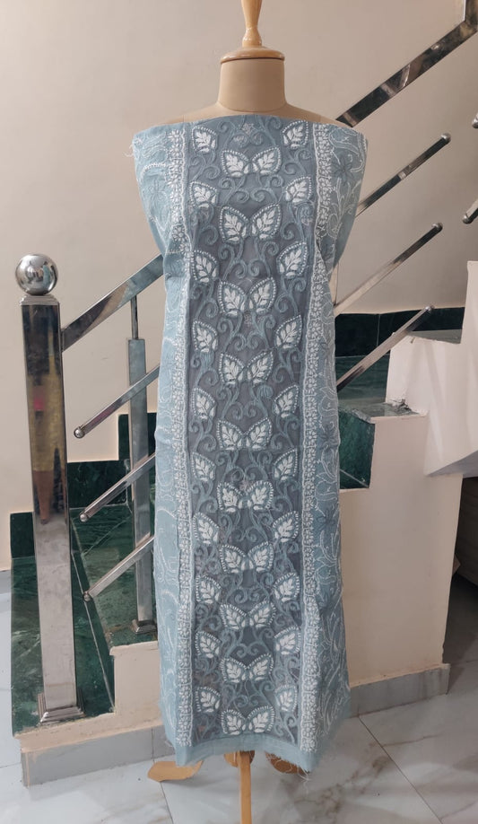 Muted Hues – Cotton Unstitched Kurta in Grey with Leafy Embroidery