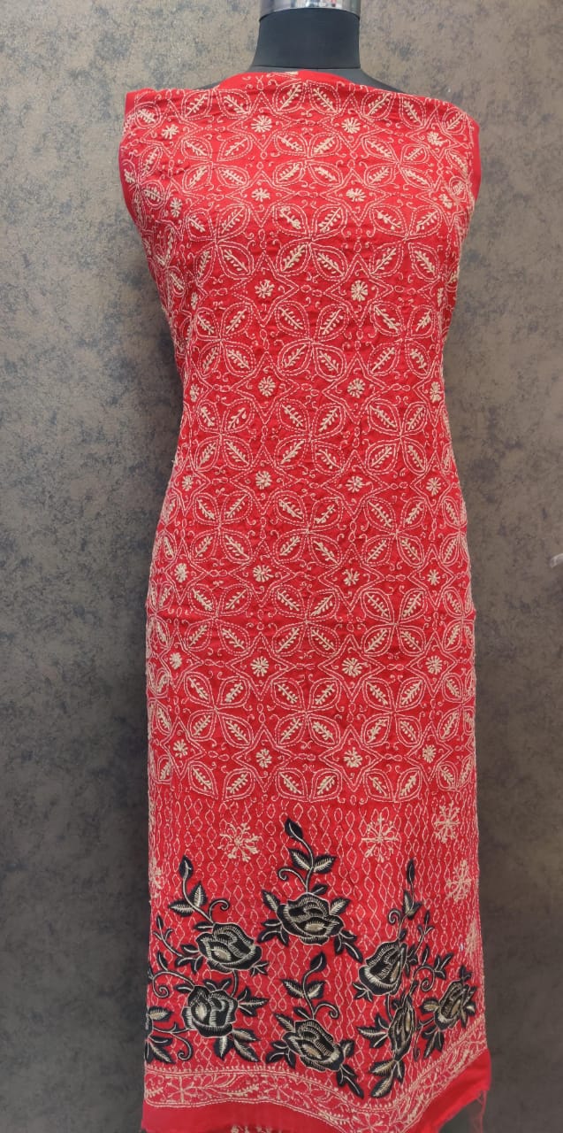 Ash Rose in Red – Cotton Unstitched Kurta Piece with Designer Smoky Black Floral Daman