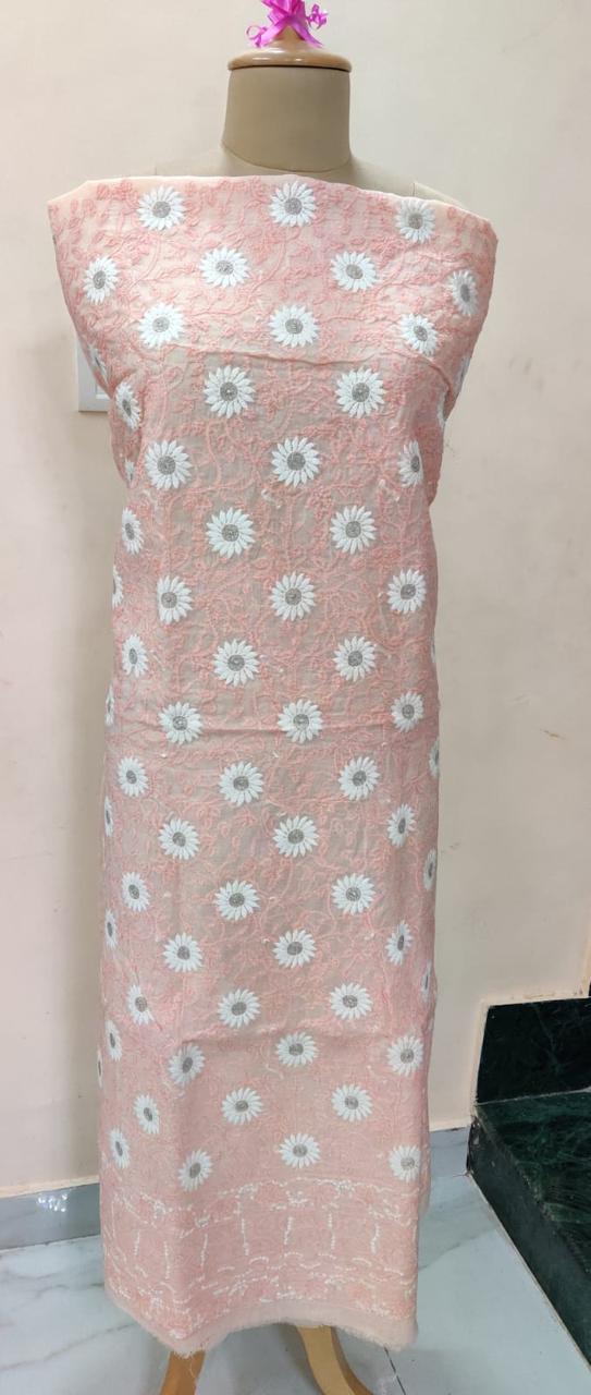 Dewdrop Flowers in Pink – Cotton Unstitched  Kurta Piece with Elegant White Floral Embroidery