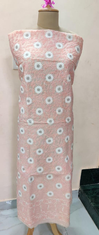 Dewdrop Flowers in Pink – Cotton Unstitched  Kurta Piece with Elegant White Floral Embroidery