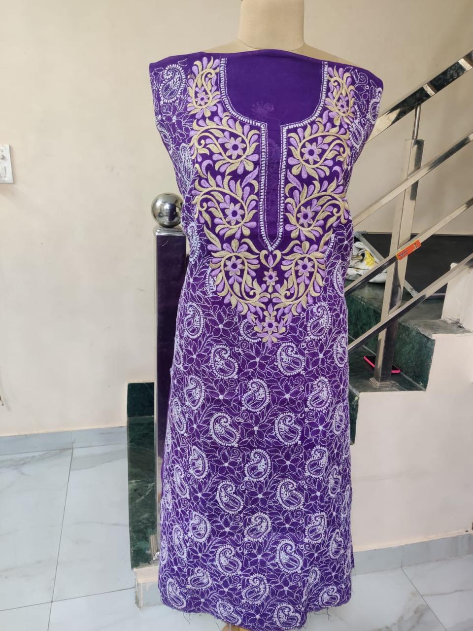 Lavender Dew in Purple – Cotton Unstitched Kurta Piece with Handcrafted Paisley Neckline