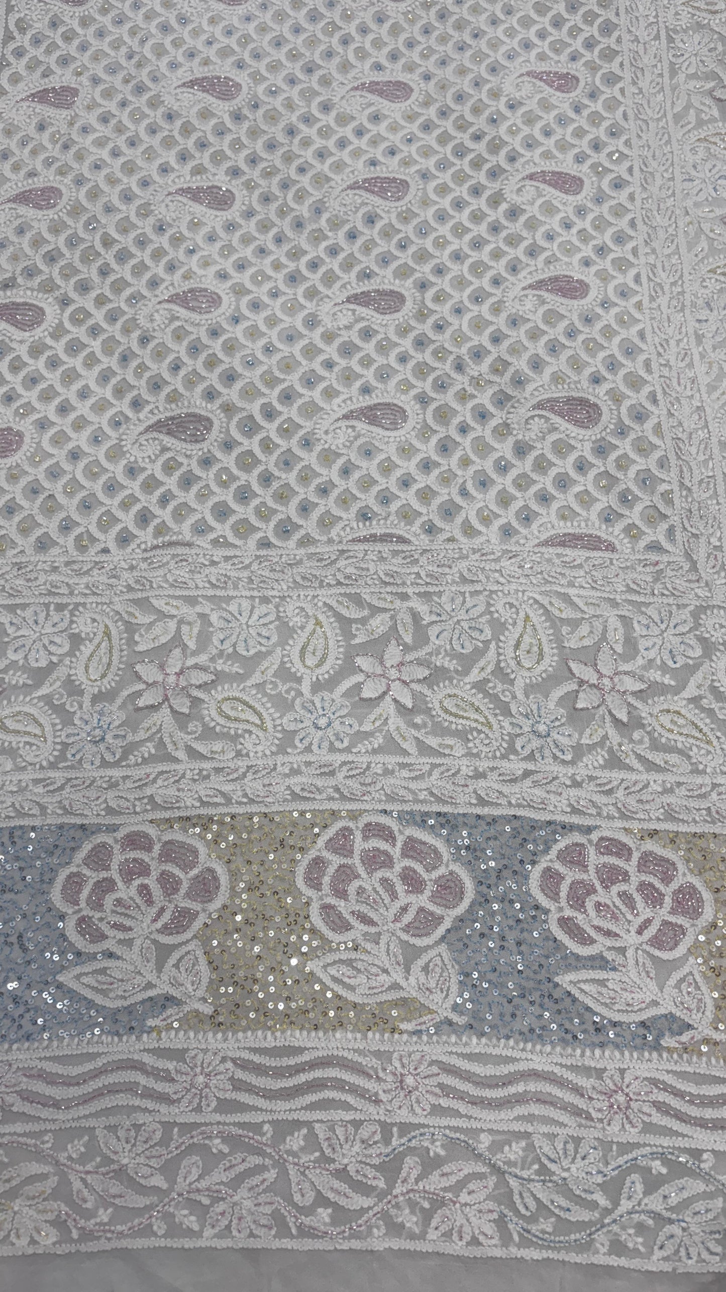 Heritage Lehenga in Viscose Georgette – Embroidered with Lucknowi Chikankari, Rose Motifs & Jewel-Toned Cutdana