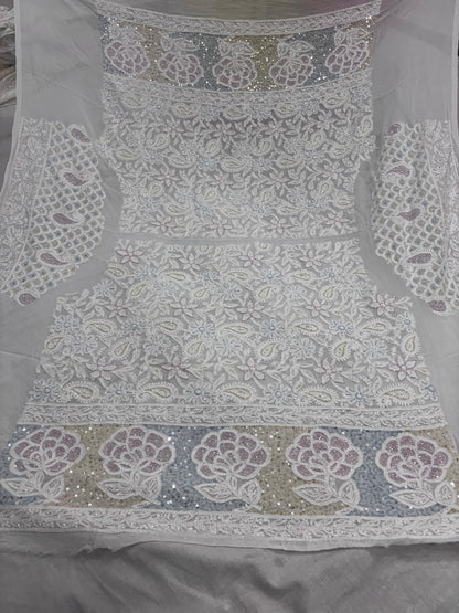 Heritage Lehenga in Viscose Georgette – Embroidered with Lucknowi Chikankari, Rose Motifs & Jewel-Toned Cutdana