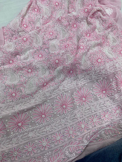 Rosy Veil in Baby Pink Shade – Pure Georgette Kurta Dupatta Set with Vintage Floral Jaal & Multi-Coloured Cutdana
