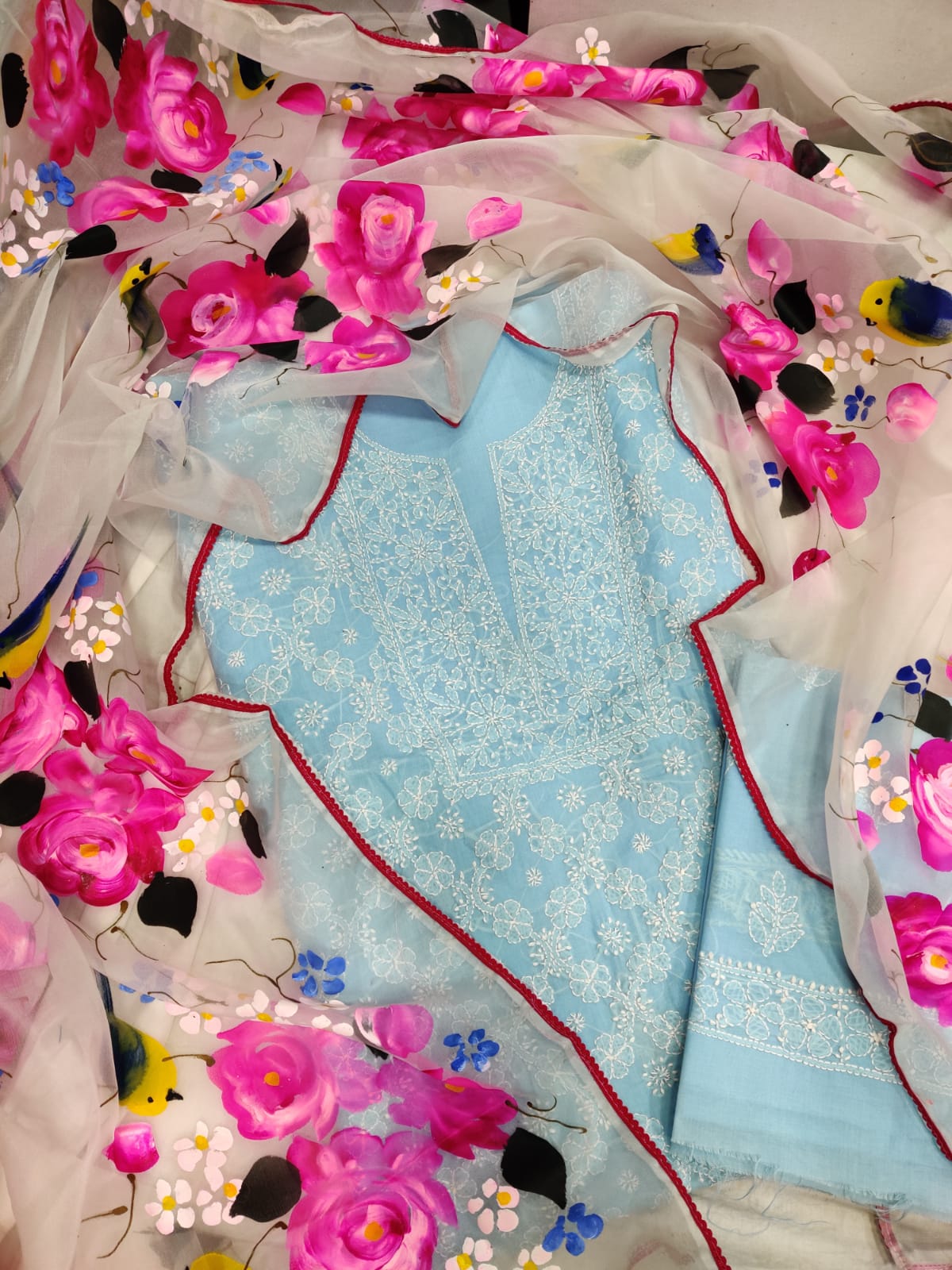 Petal Canvas – Chikankari Cotton Unstitched Suit Set with Handpainted Dupatta